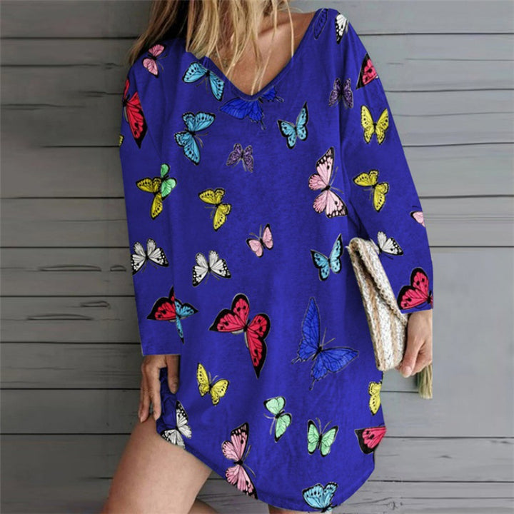 Damen Oversize Tunika-Kleid mit V-Ausschnitt und Schmetterlingsprint Drune