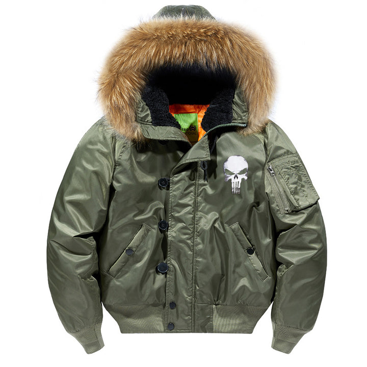 Herren -isolierte Kapuzen-Bomberjacke mit Kunstfellbesatz und Schädel-Brustgrafik Drune
