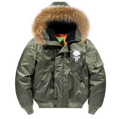 Herren -isolierte Kapuzen-Bomberjacke mit Kunstfellbesatz und Schädel-Brustgrafik Drune