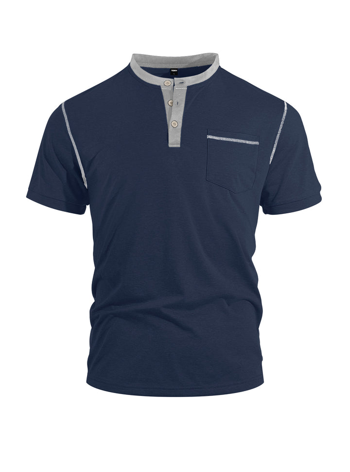 Herren nan legeres Kurzarm-Bandkragenshirt mit Knopfleiste Brusttasche und Flatlocknähten Drune