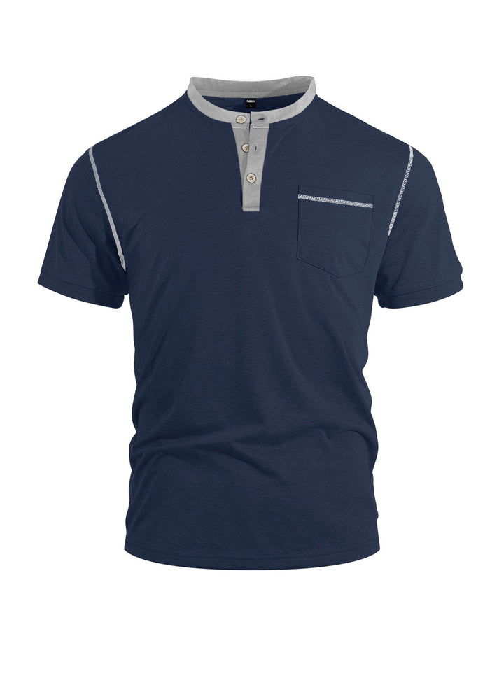 Herren nan legeres Kurzarm-Bandkragenshirt mit Knopfleiste Brusttasche und Flatlocknähten Drune