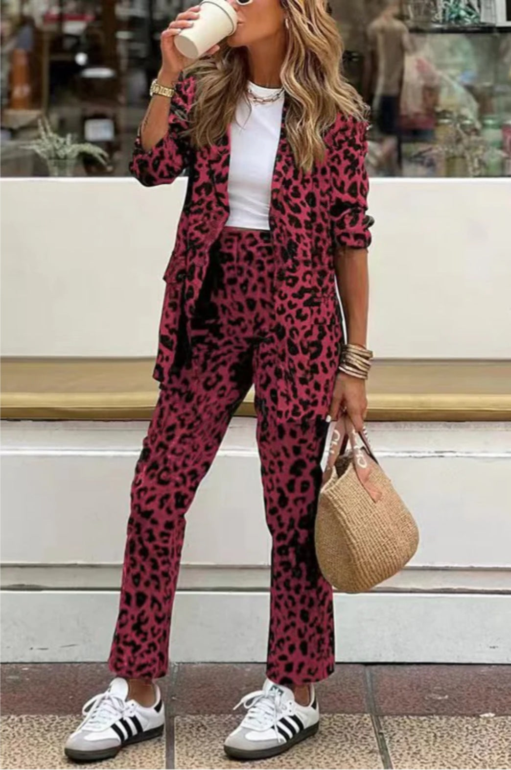 Damen elegantes Leinenanzug-Set im Leopardenmuster mit tailliertem Blazer und geraden Hose Drune