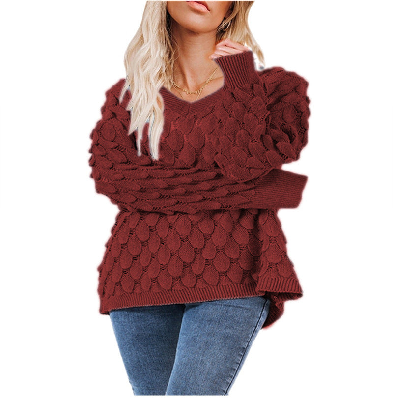 Damen Gemusterter V-Pullover mit voluminösen Ärmeln Drune