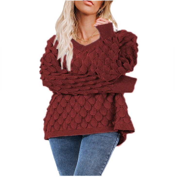 Damen Gemusterter V-Pullover mit voluminösen Ärmeln Drune