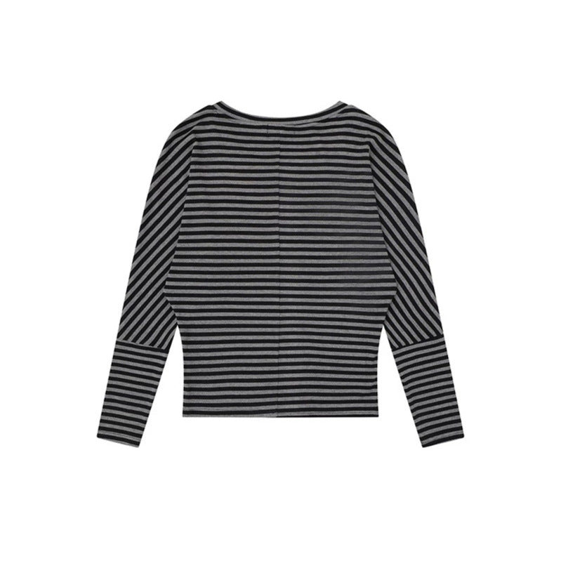 Damen Gestreiftes Langarm-Rundhals-Top aus Baumwollmischung Drune