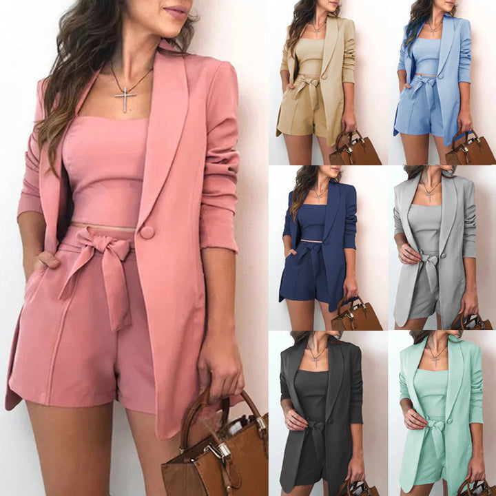 Damen Dreiteiliges Blazer-Set mit Longblazer, Crop-Top und Paperbag-Shorts Drune