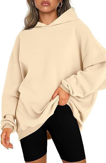 Damen nan oversized Kapuzenpullover im Boxy-Cut mit innen angerautem Fleece, überschnittener Schulter und verlängertem Rückenteil Drune