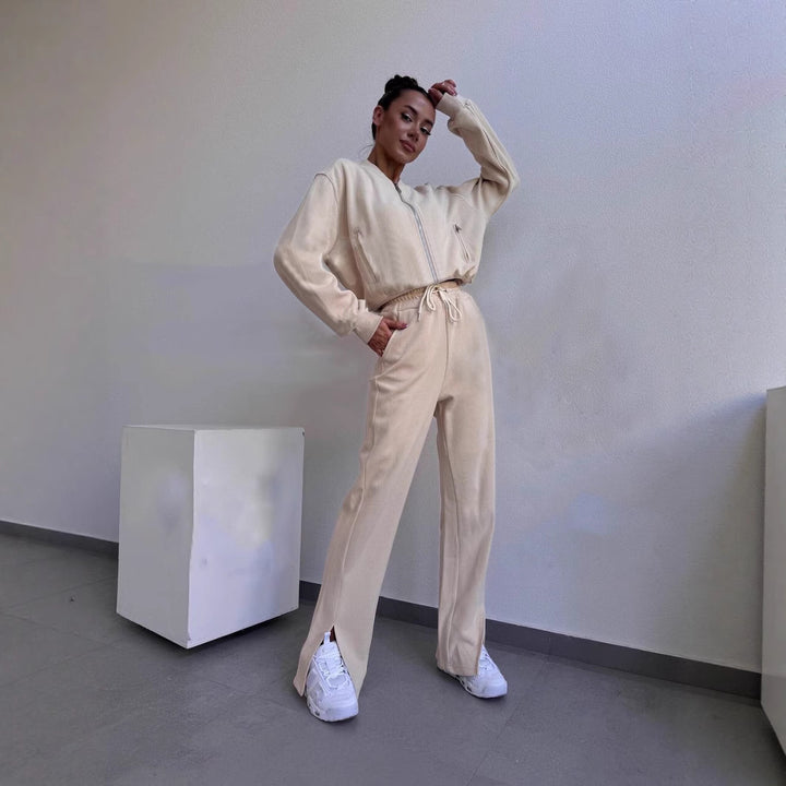 Damen weiches Velours-Zweiteiler mit kurzem Reißverschluss-Bomber und High-Waist-Hose mit Bein-Schlitz Drune