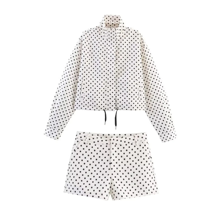 Damen nan kurz geschnittenes Zweiteiler-Set mit gepunkteter Cropped-Jacke, Stehkragen und Highwaist-Shorts Drune