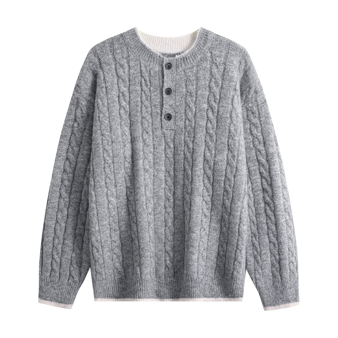 Damen Zopfmuster-Henley-Pullover mit Rundhalsausschnitt & Knopfleiste Drune