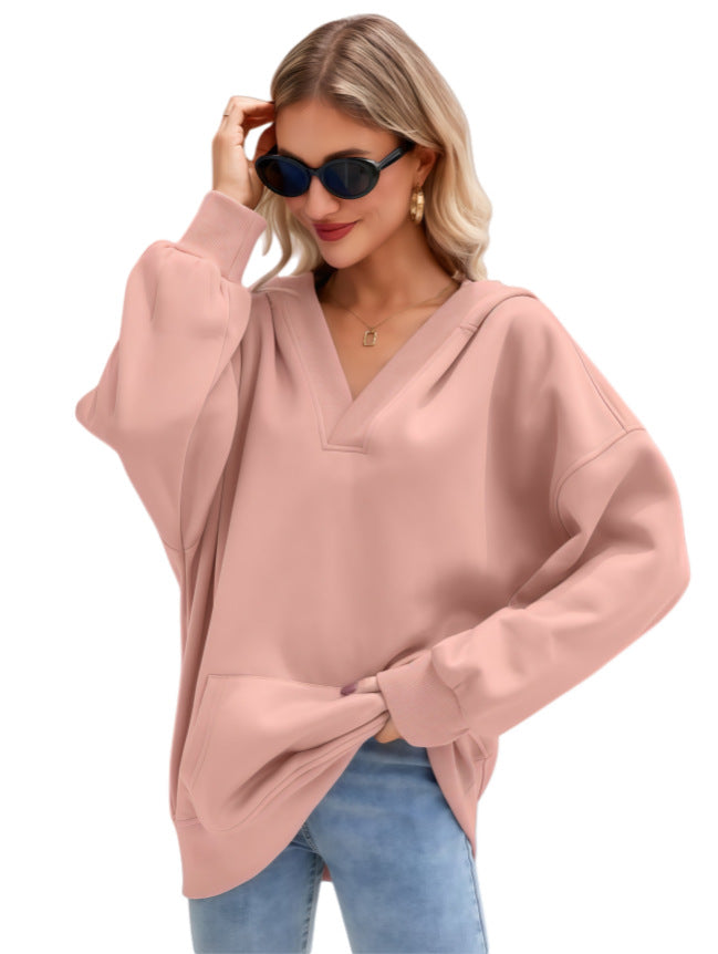 Damen Oversize V-Ausschnitt Hoodie mit Kapuze, Kängurutasche und verlängertem Saum Drune