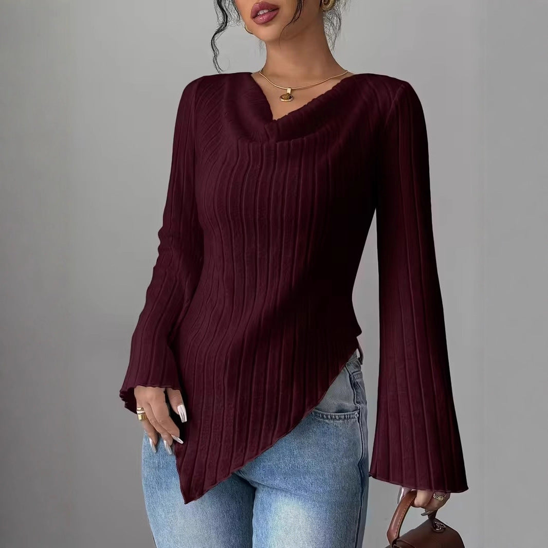Damen Asymmetrischer Gerippter Feinstrickpullover mit V-Ausschnitt Drune
