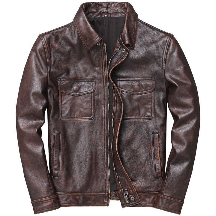 Herren Vintage Biker-Lederjacke mit Stehkragen und gesteppter Schulterpolsterung Drune