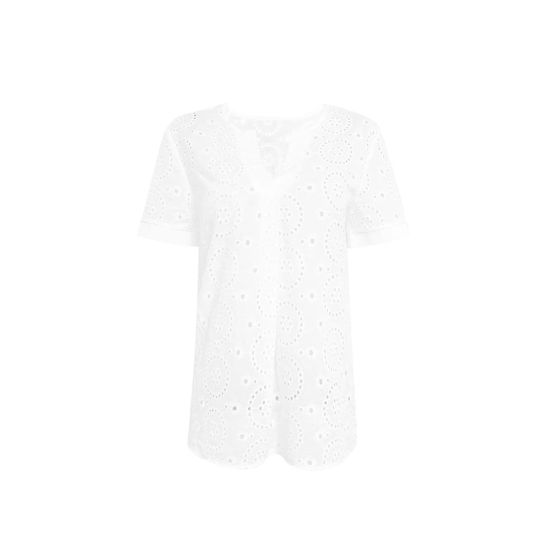 Damen Bluse mit floralen Lochstickereien und V-Ausschnitt Drune