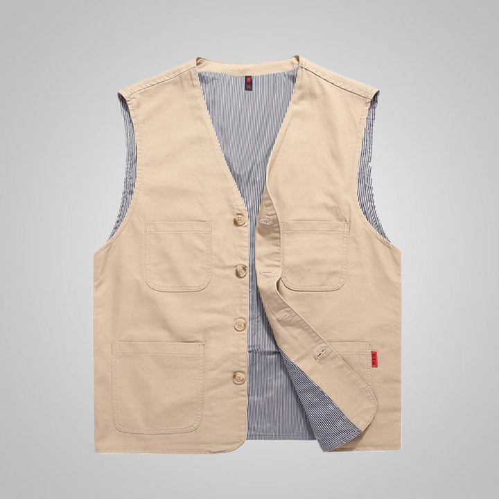 Herren Canvas-Utility-Weste mit Mehrfachtaschen und Knopfleiste Drune
