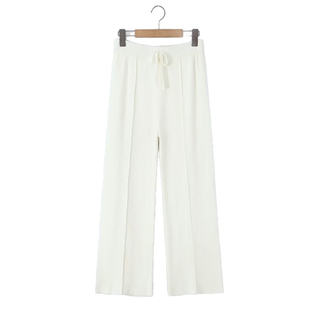 Damen weite Strickhose mit hoher Taille, sichtbarer Bügelfalte und Kordelzugbund Drune