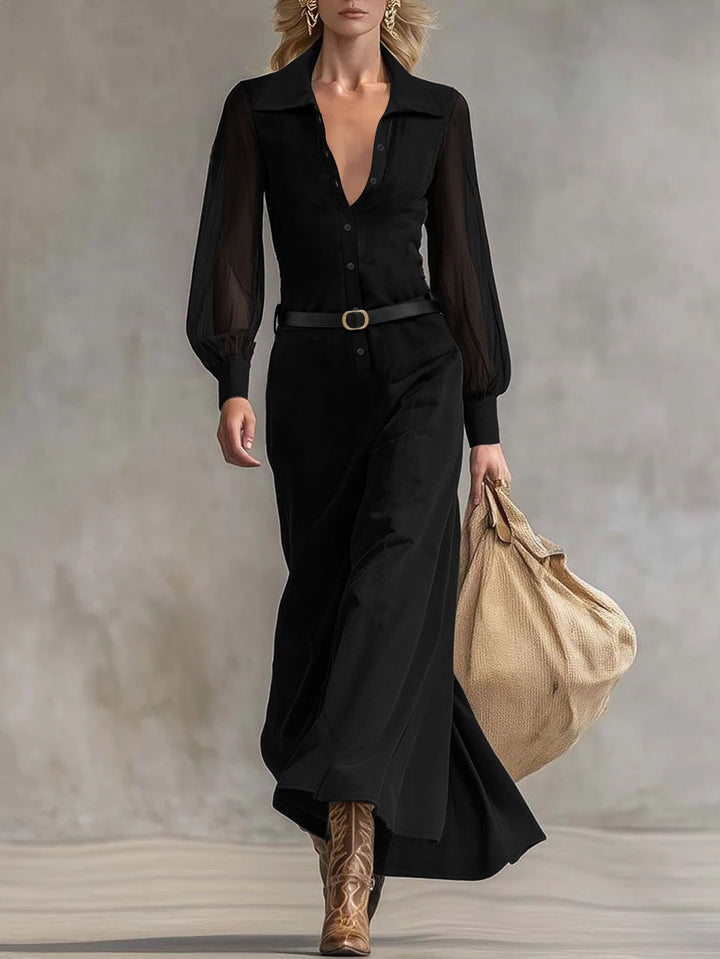 Damen Schlankes Maxi‑Hemdkleid mit transparenten Ballonärmeln und taillierter Silhouette Drune