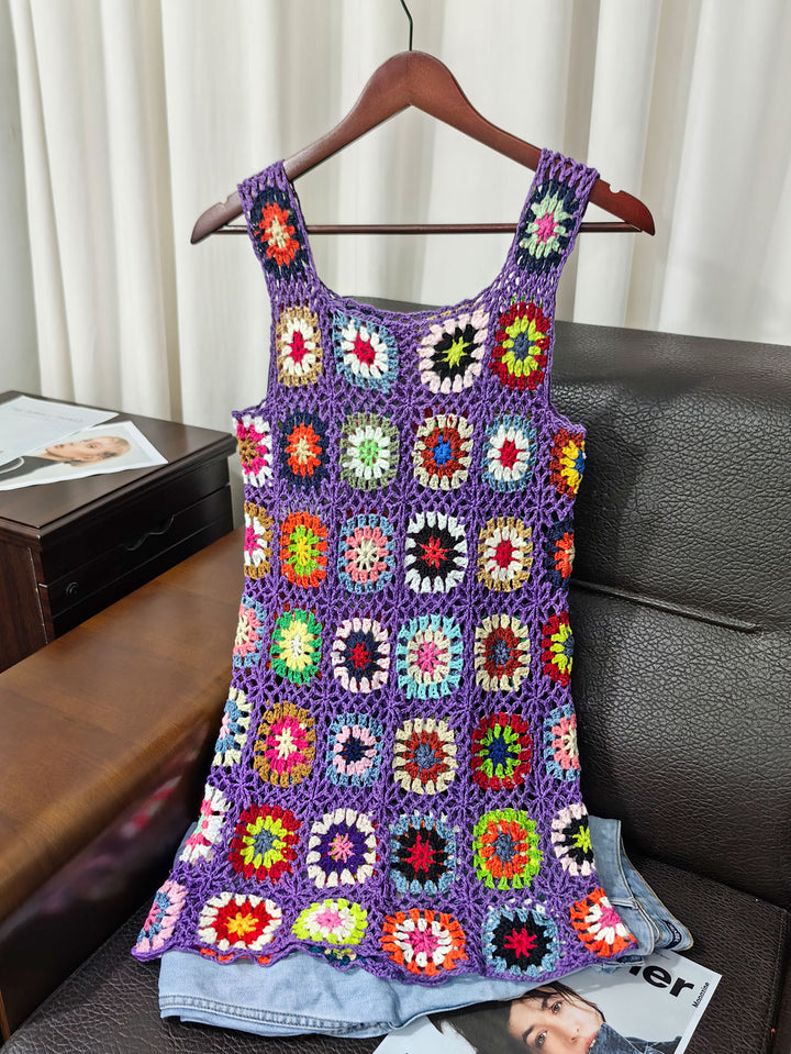 Damen luftiges Häkelkleid mit buntem Granny-Quadrat-Muster Drune