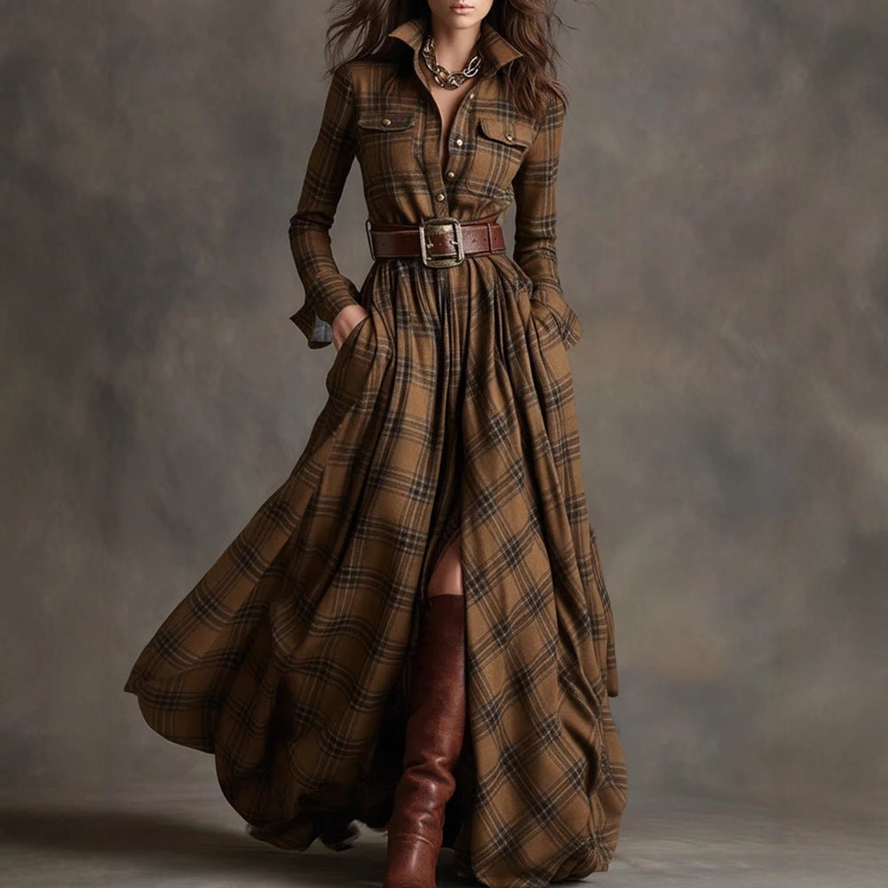 Damen nan karierte Maxikleid Hemdblusenkleid mit ausgestelltem Rock und breitem Taillengürtel Drune