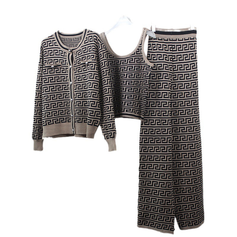 Damen modisches Strick-Loungewear-Set mit geometrischem Muster und schmalem Schnitt Drune