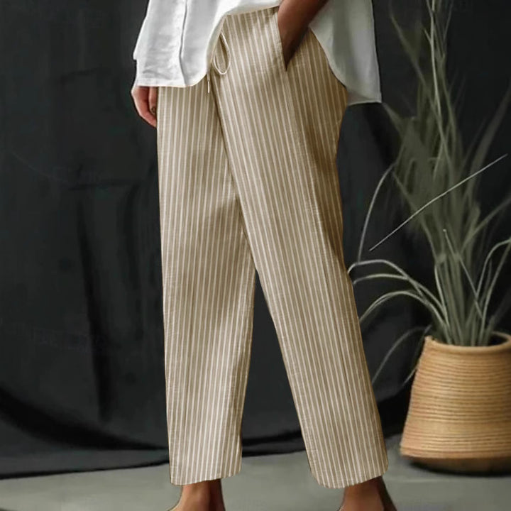 Damen gestreifte Leinen-Optik-Hose mit hohem Bund, Kordelzug und geradem, cropped Schnitt Drune