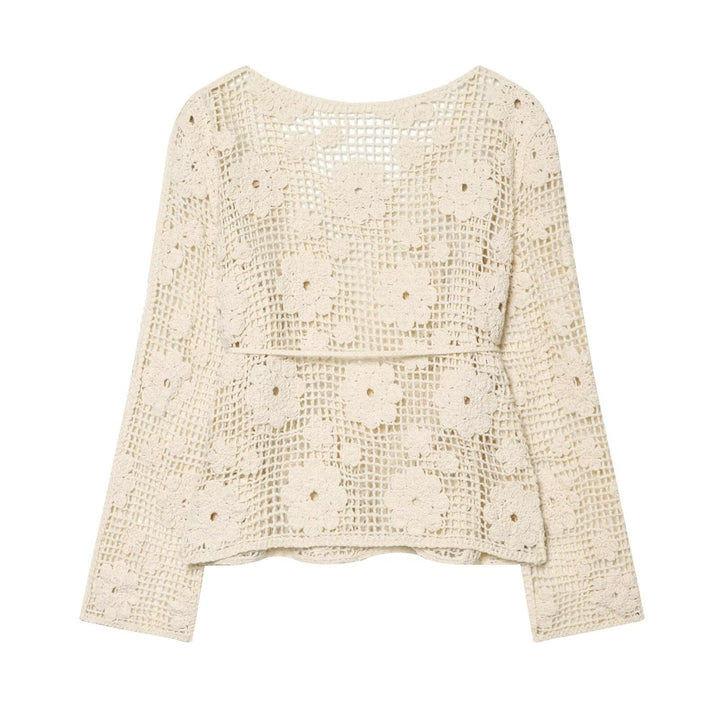 Damen gehäkelter Oversize-Pullover mit Blumen-Openwork und Rundhalsausschnitt Drune