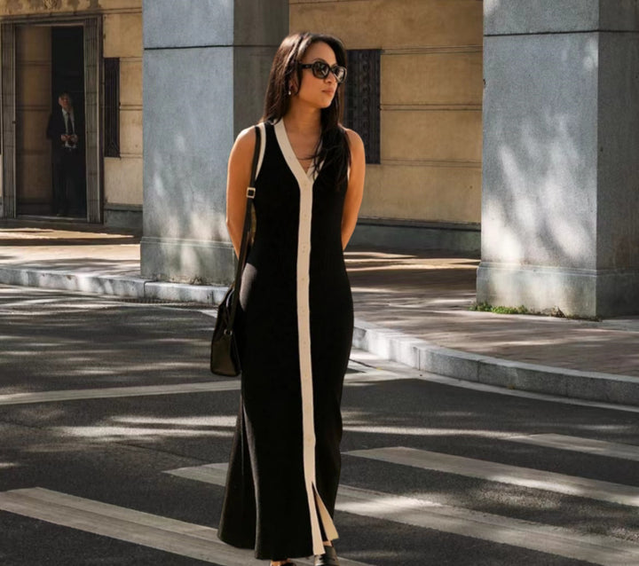 Damen Maxikleid mit Knopfleiste und kontrastierendem Design Drune