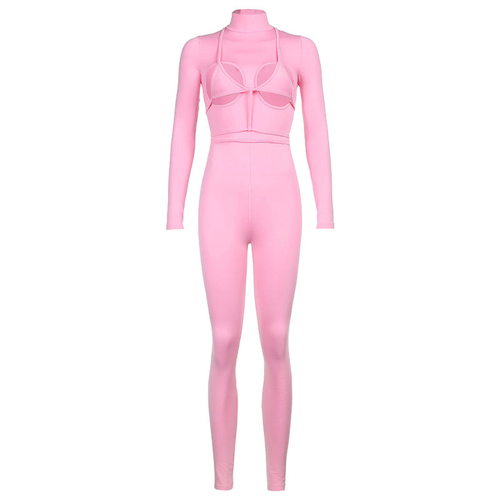 Damen modisches Sport-Set mit High-Neck-Oberteil und Figurbetonter Hose Drune