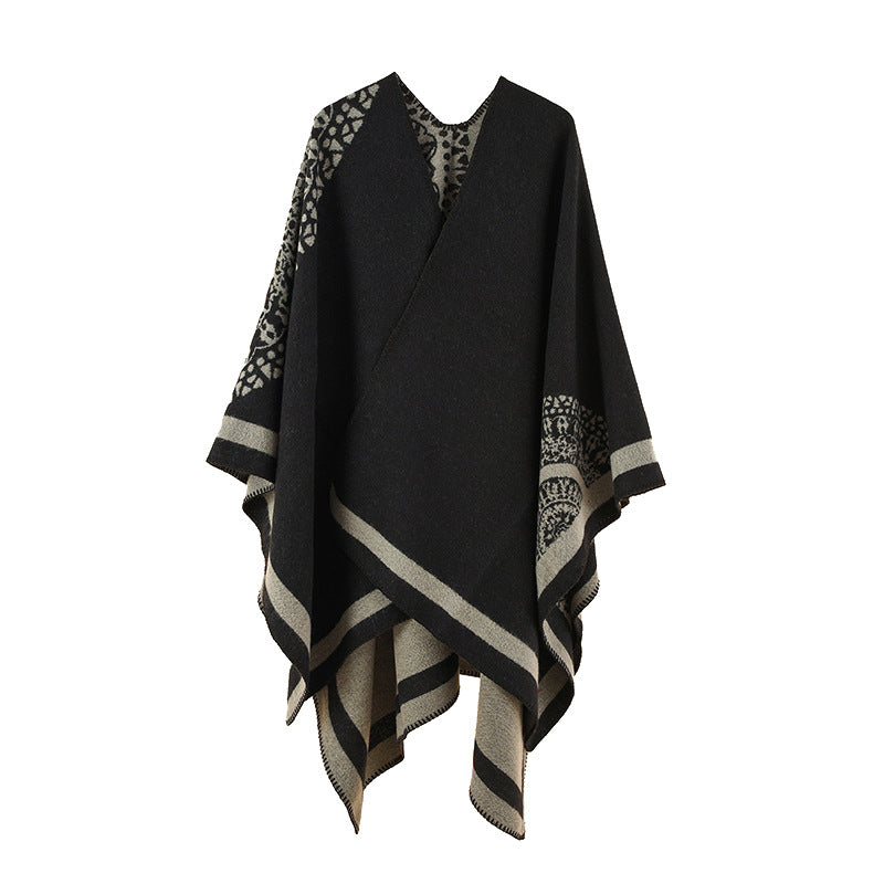 Damen Oversize Strickponcho mit grafischem Jacquardmuster Drune
