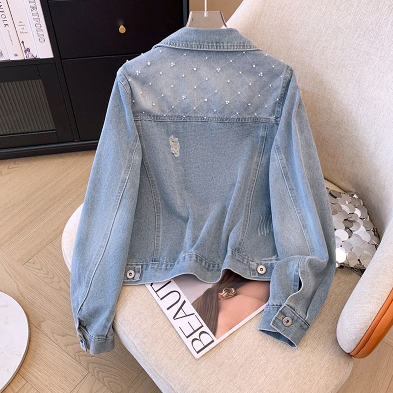 Damen modische Jeansjacke mit glamourösen Perlendetails Drune