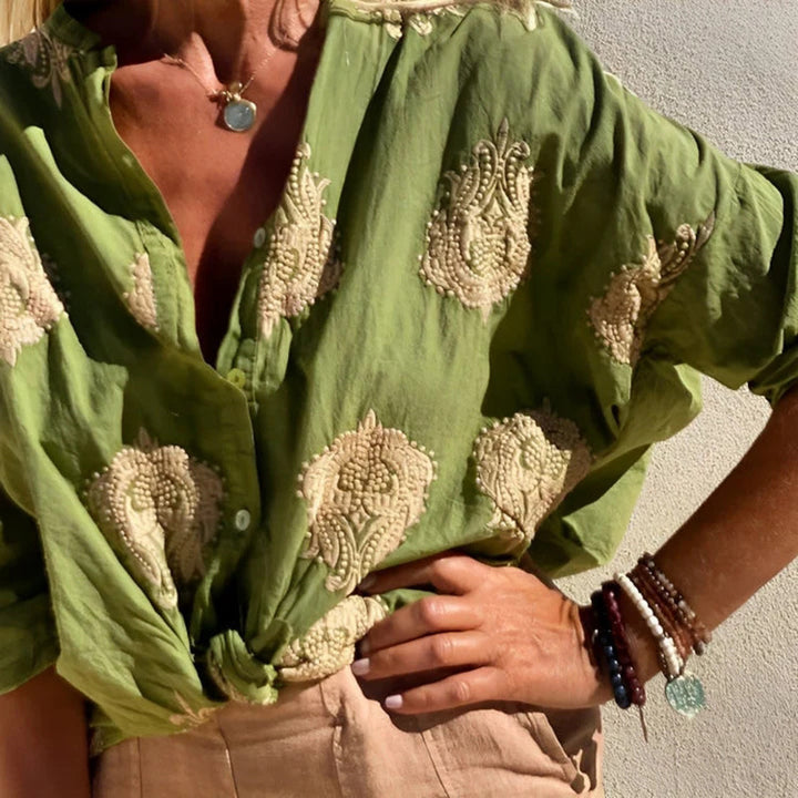 Damen Boho Leinen Bluse mit Perlenstickerei und Knotenband Drune