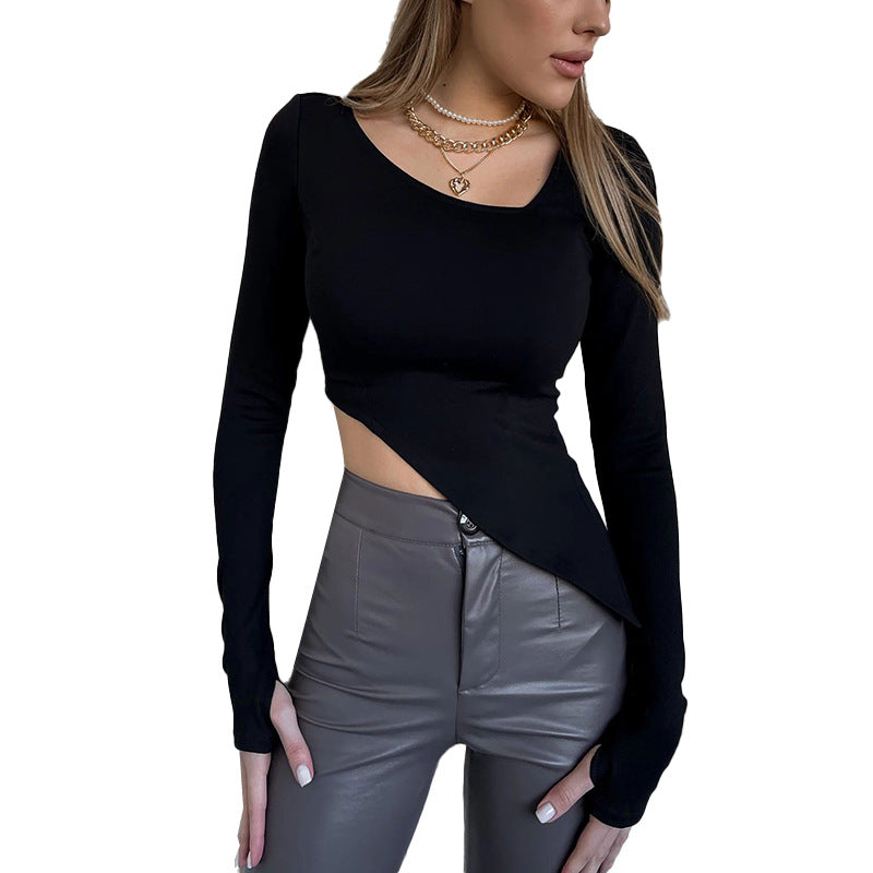 Damen Asymmetrisches tailliertes Cut-Out-Crop-Top mit langen Ärmeln Drune