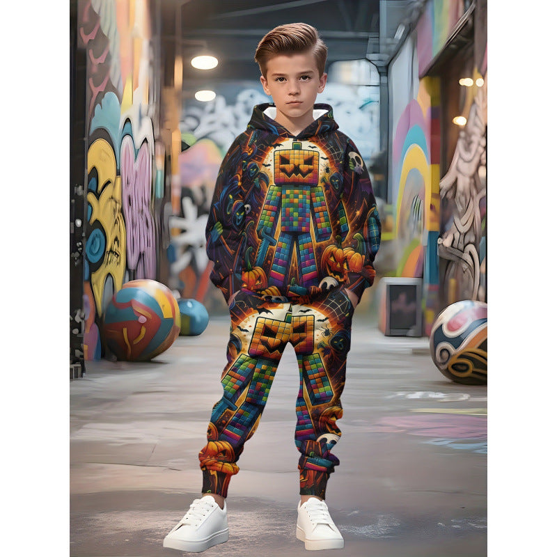 Unisex nan Kinder Jogginganzug mit Kapuzenpullover und detailreichem Auto-Print Drune