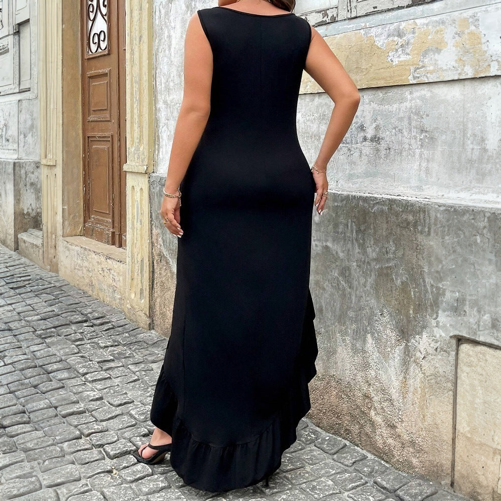 Damen elegantes Maxikleid mit asymmetrischem Saum und Rüschendetails Drune