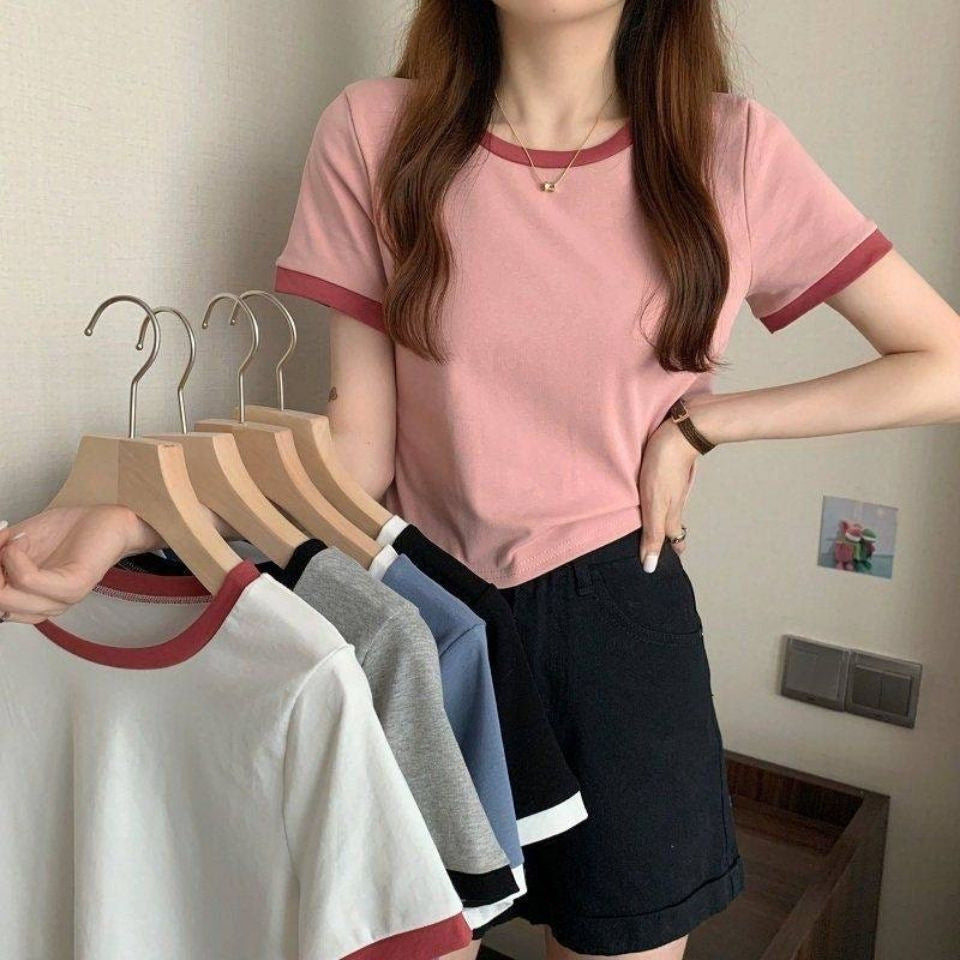 Damen Kurzarm T-Shirt mit kontrastierenden Abschlüssen und leichtem Baumwollstoff