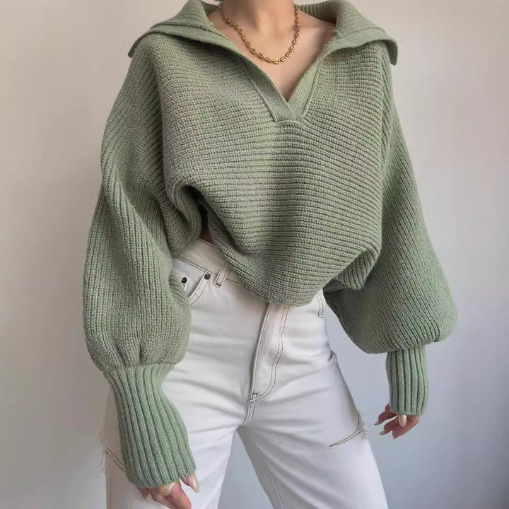 Damen Oversize Rippsweater mit Reverskragen und tiefem V‑Ausschnitt Drune
