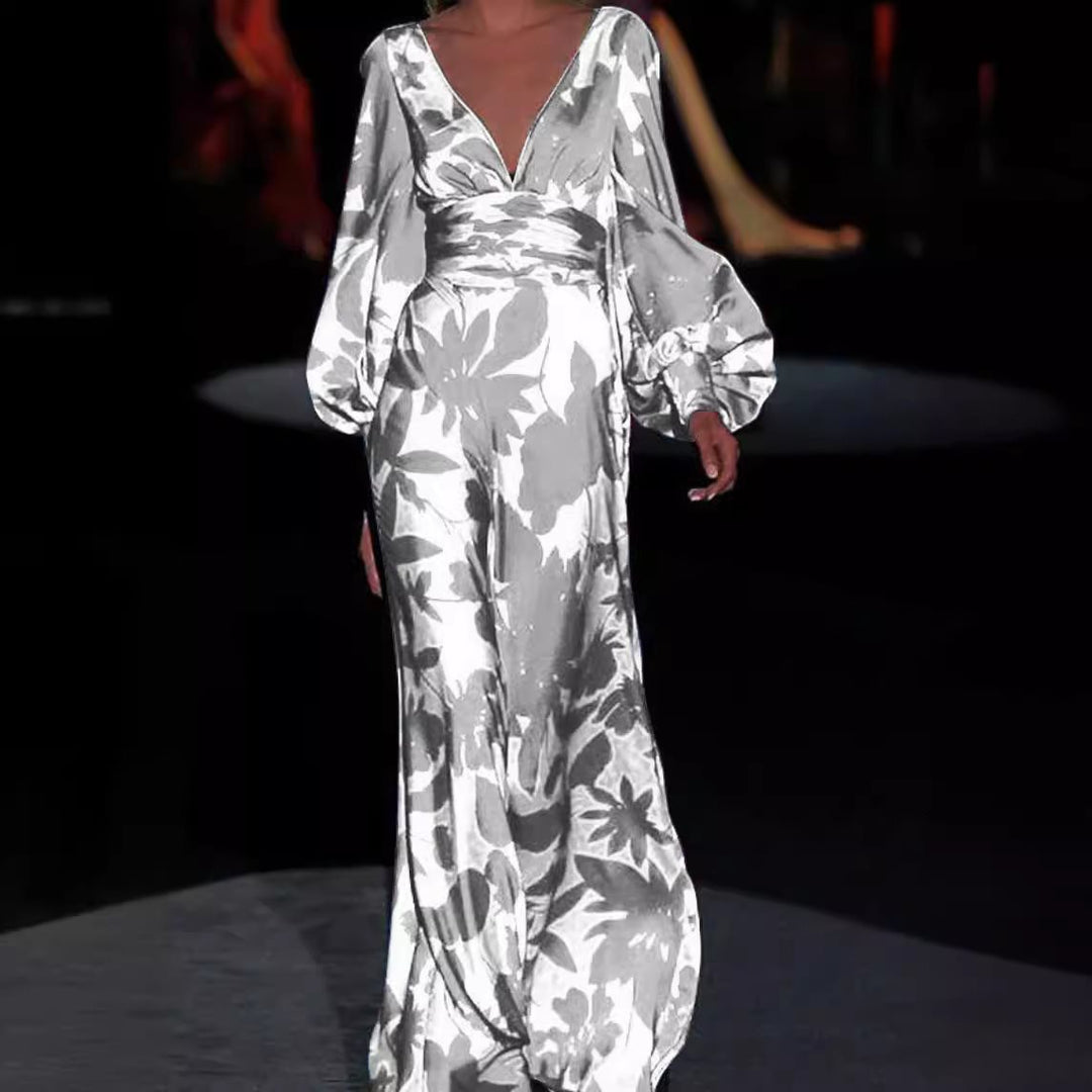 Damen Maxikleid mit tiefem V-Ausschnitt und voluminösen Ärmeln Drune