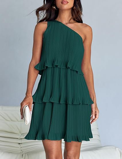 Damen Ärmelloses plissiertes Stufenkleid mit asymmetrischer Schulterpartie Drune