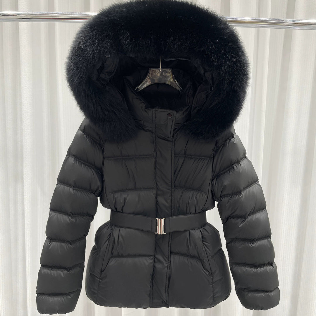 Damen Taillierte Stepp-Pufferjacke mit Gürtel, hohem Kragen und abnehmbarem Fellbesatz Drune