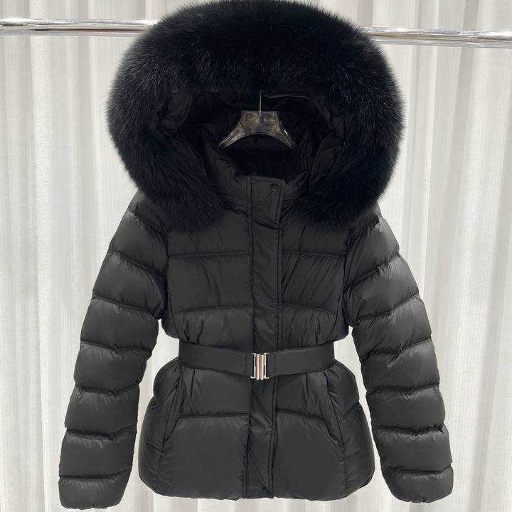 Damen Taillierte Stepp-Pufferjacke mit Gürtel, hohem Kragen und abnehmbarem Fellbesatz Drune