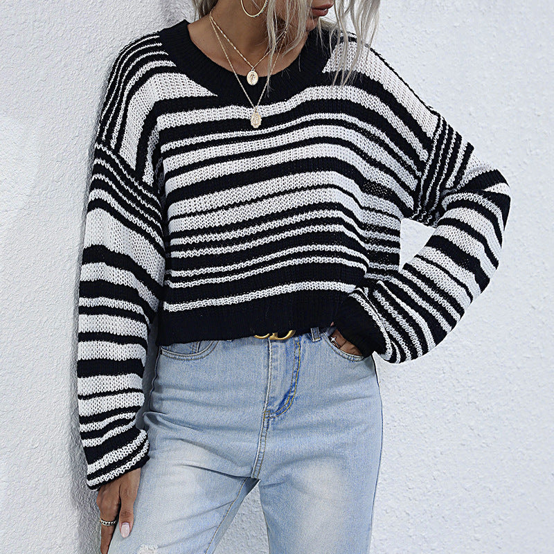 Damen Cropped-Strickpullover mit Off-Shoulder, lockerer Oversize-Passform & Streifenmuster Drune