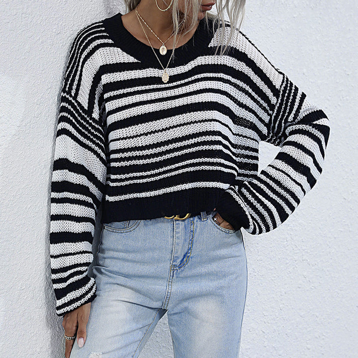 Damen Cropped-Strickpullover mit Off-Shoulder, lockerer Oversize-Passform & Streifenmuster Drune