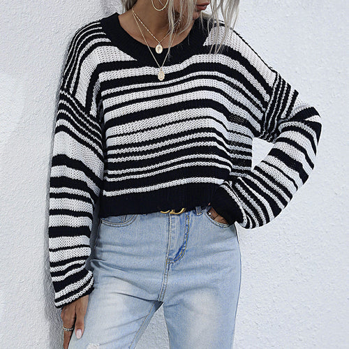 Damen Cropped-Strickpullover mit Off-Shoulder, lockerer Oversize-Passform & Streifenmuster Drune