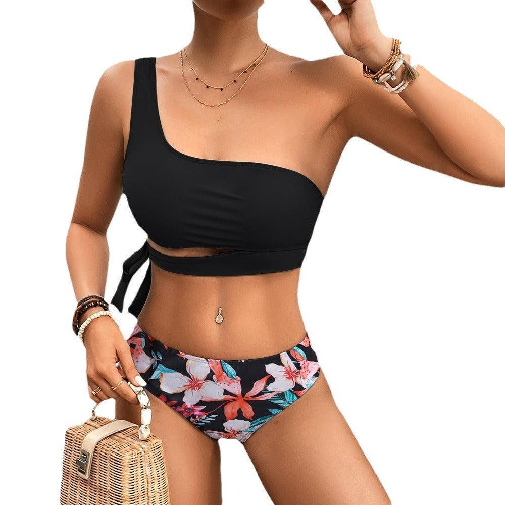 Damen Einseitiger Bikini mit floralem Design und seitlichem Knoten Drune