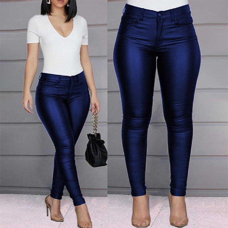 Damen figurbetonte High‑Waist Kunstlederhose im Skinny‑Cut mit Five‑Pocket Drune