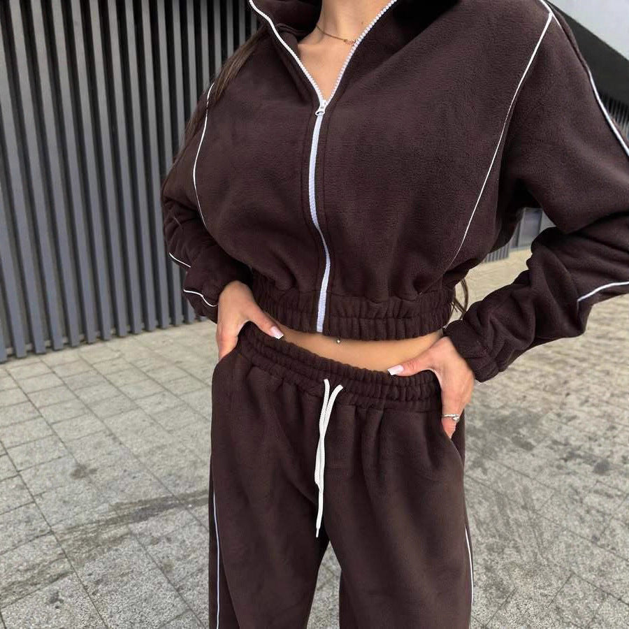 Damen Gekürztes Zip-Fleece-Set mit tailliertem Kordelbund und weitem Hosenbein Drune