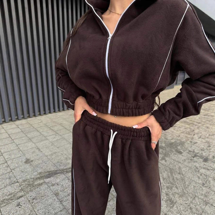 Damen Gekürztes Zip-Fleece-Set mit tailliertem Kordelbund und weitem Hosenbein Drune