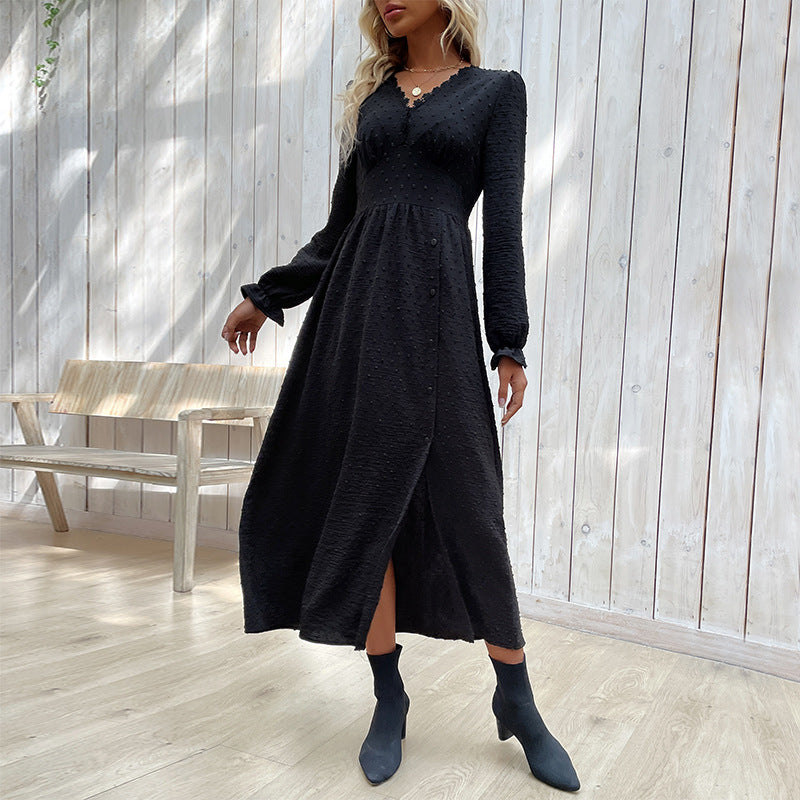 Damen Midikleid mit strukturierter Tupfen-Optik, V-Ausschnitt und tailliertem Empire-Schnitt Drune