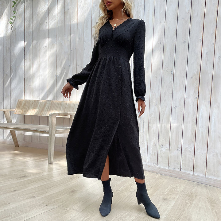 Damen Midikleid mit strukturierter Tupfen-Optik, V-Ausschnitt und tailliertem Empire-Schnitt Drune