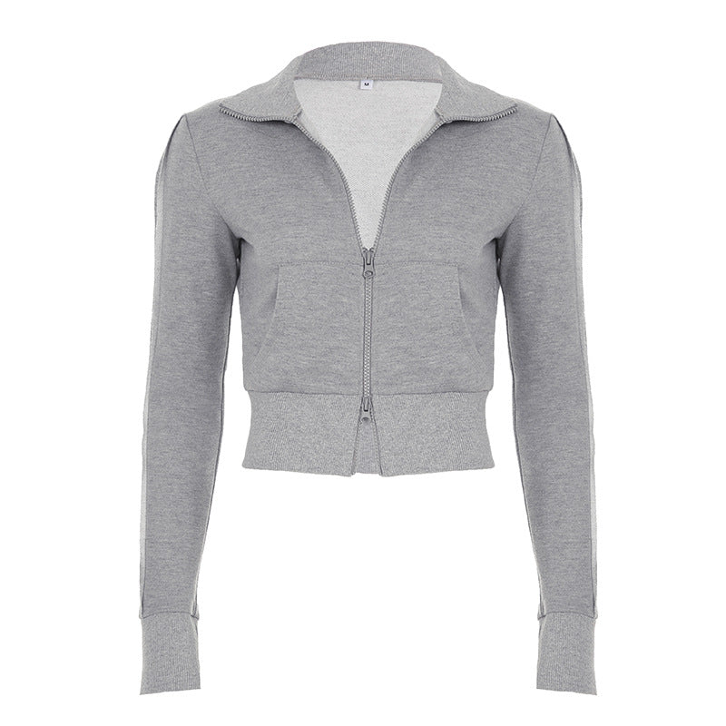 Damen nan taillierte Cropped-Kapuzenjacke mit durchgehendem Reißverschluss, elastischem Abschlussbund und dekorativem College-Print Drune